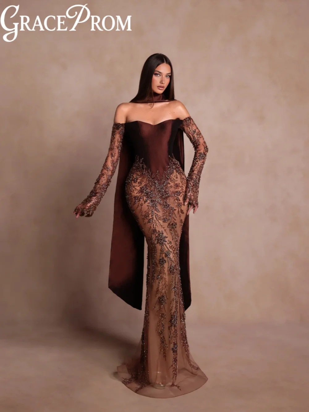 

Brown Luxurious Beaded Evening Dress Illusion Off Shoulder Long Wedding Party Gown Customized Stylish Mermaid Red Carpet Gowns