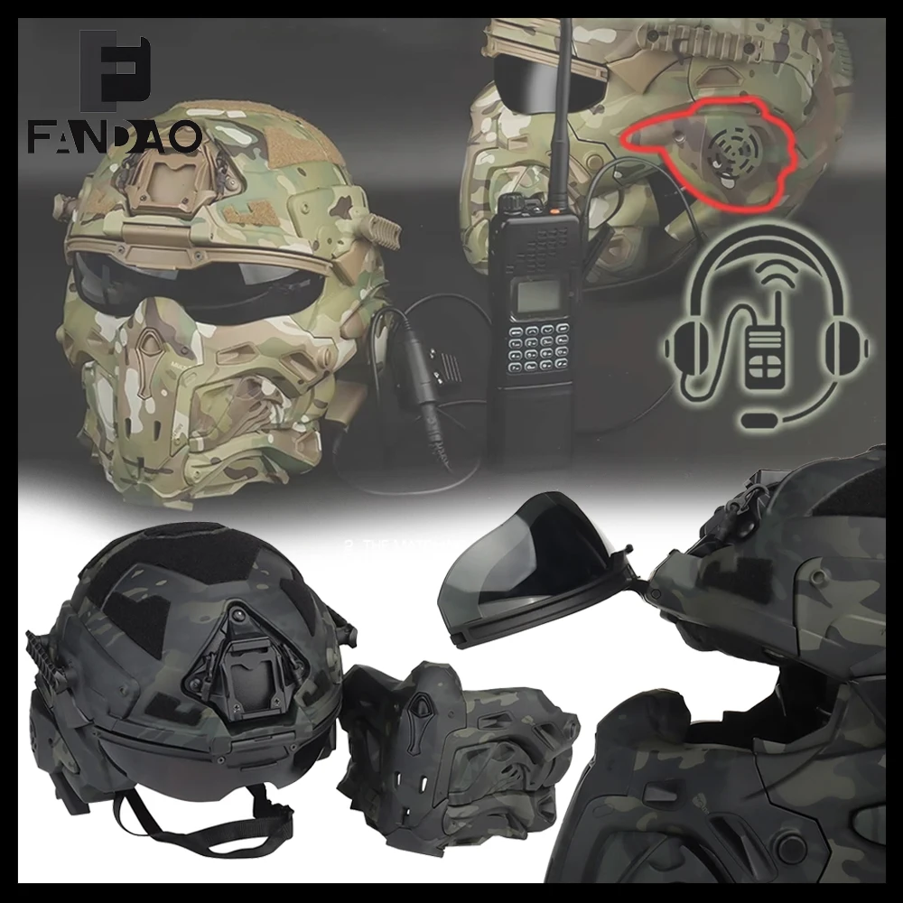 Tactical Helmet with Built-in Communication HD Earphone Anti-Fog Fan Removable Full Face Mask for Outdoor Sports CS Toy Shooting
