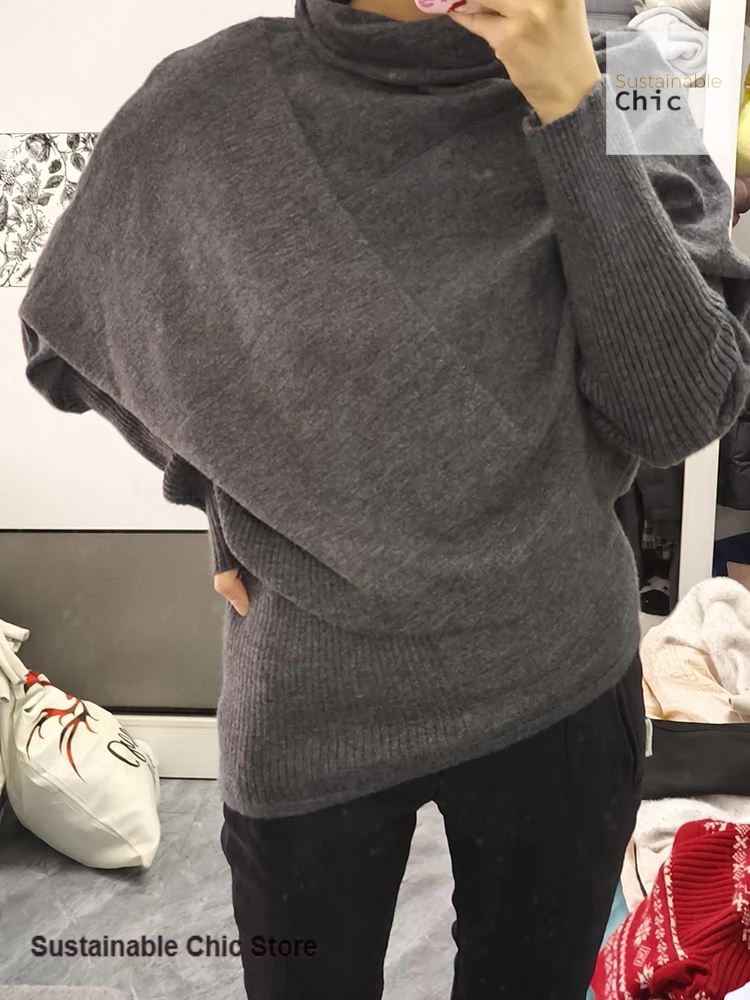 American retro bat sleeve turtleneck gray sweater women's spring and autumn new pullover sweater fashion design sense top