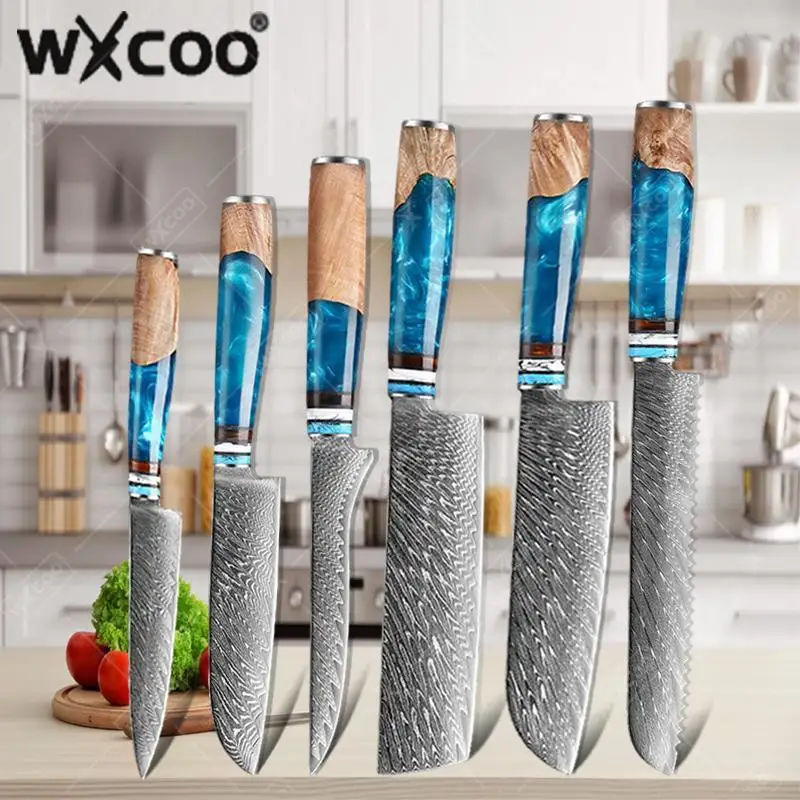 Professional Kitchen Knives-Set Blue Resin Handle VG10 Damascus Steel Chef Knives Fruit Paring Meat Cleaver Boning Knife