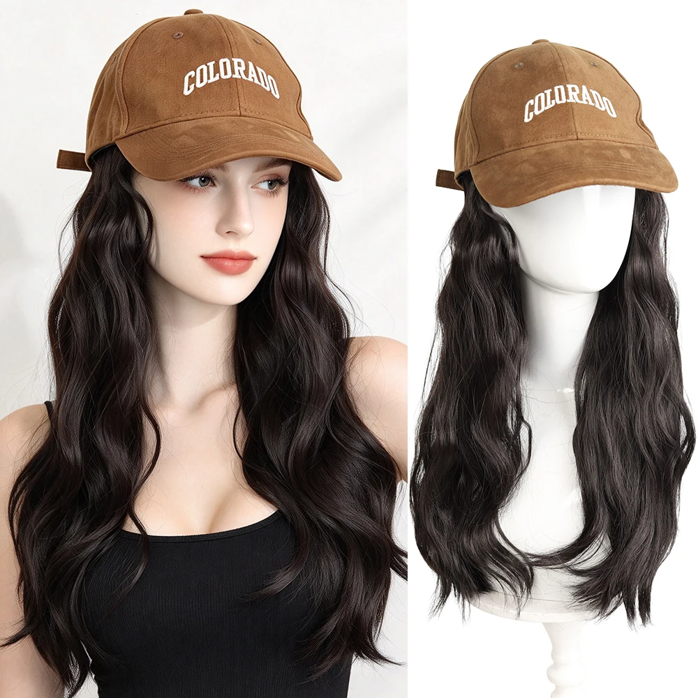 Long Wavy Synthetic Wig Baseball Rice White Cap With Hair Extensions Hat Wigs Natural Brown Connect Wig Adjustable For Women