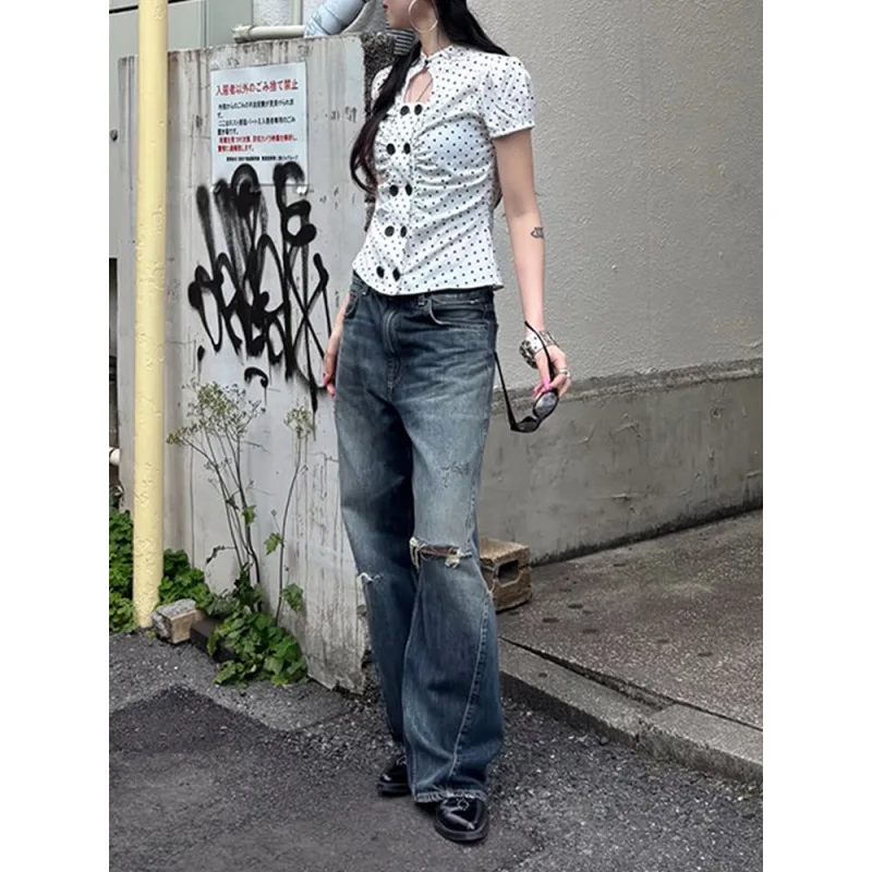 New INS Sexy Hot Girl Hollow Double Breasted Bubble Short Sleeved T-Shirt for Women, Niche Slim Fit Versatile Top for Women