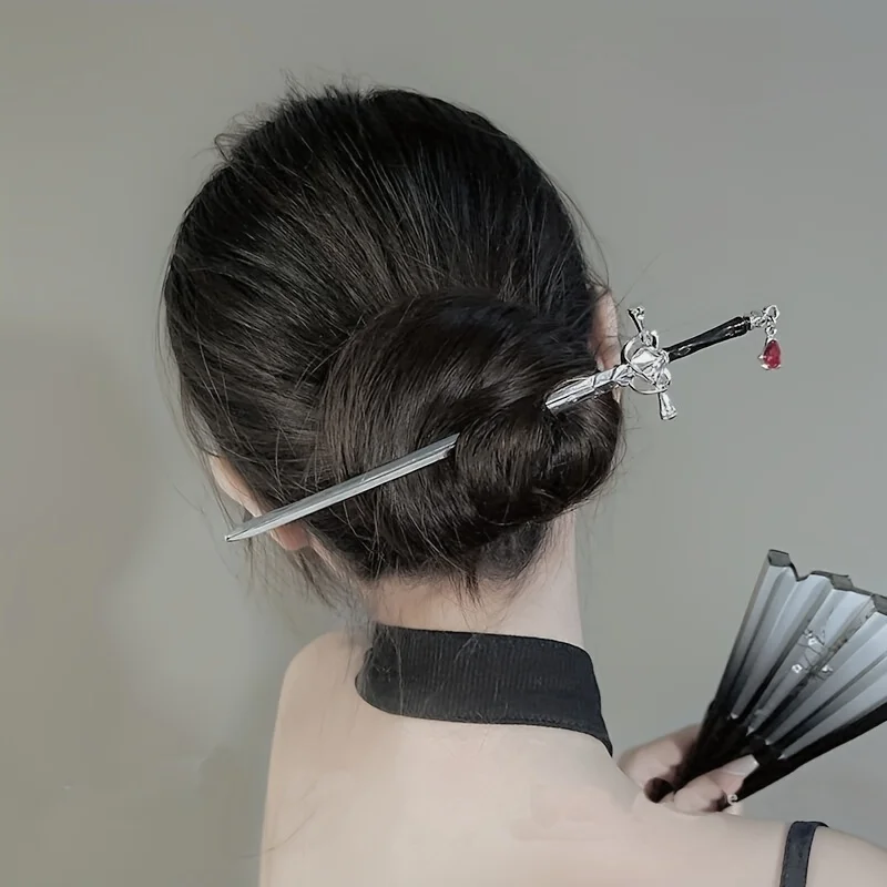 Creative Sword Shaped Ruby Hairpin Retro Chinese Traditional Style Hanfu Hair Accessories Elegant Vintage Hair Stick For Women Girls Cosplay Wedding Birthday Party Gift