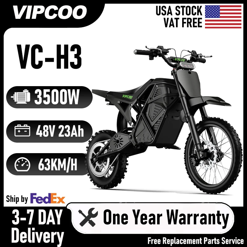 Electric Dirt Bike VIPCOO 3500W 48V23AH Electric Motorcycle Fat Tire Nitrogen Suspension E Dirt Bike for Teens and Adults
