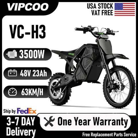 Electric Dirt Bike VIPCOO H3 3500W 48V23AH Electric Motorcycle Fat Tire Nitrogen Suspension E Dirt Bike for Teens and Adults
