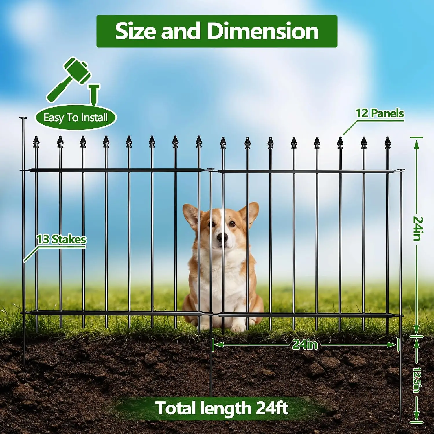 Decorative Metal Garden Fence,(12 Panels+ 13 Posts), Total Iength24 ft(W) x 24 in(H), High Metal Border Fence, Classic Roman