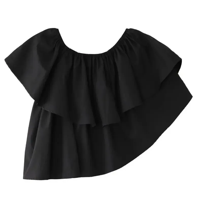 قميص نسائي صيفي بكتف مائل بتصميم جديد عالي الجودة بكتف واحد بدون أكمام بحافة أوراق اللوتس ملابس علوية حلوة