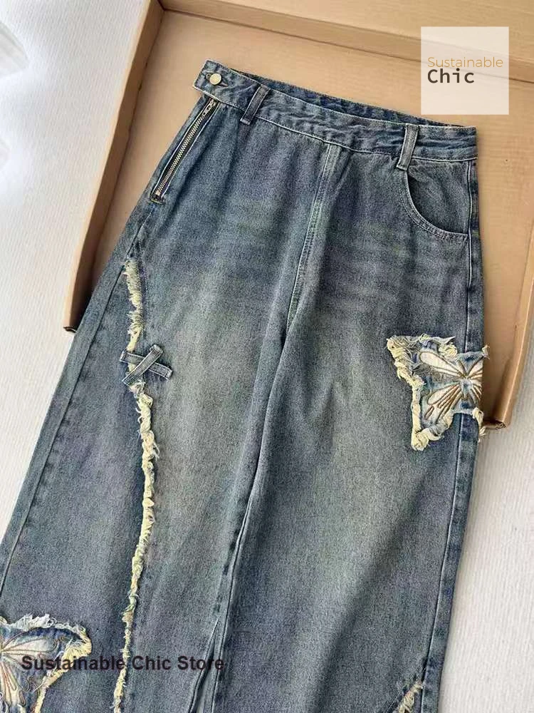 Pantalones vaqueros de pierna ancha bordados con lazo crudo retro americano para mujer Otoño e Invierno nueva moda Spice Girl pantalones de encaje de calle alta.