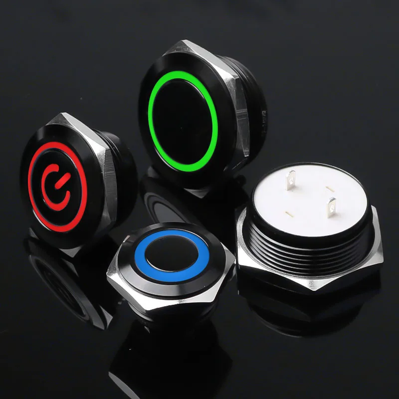 12/16/19/22mm Short Stroke Oxide Blcak Shell Metal Button Switch Waterproof Flat Head With Power LED Light Momentary 1NO 6V 24V