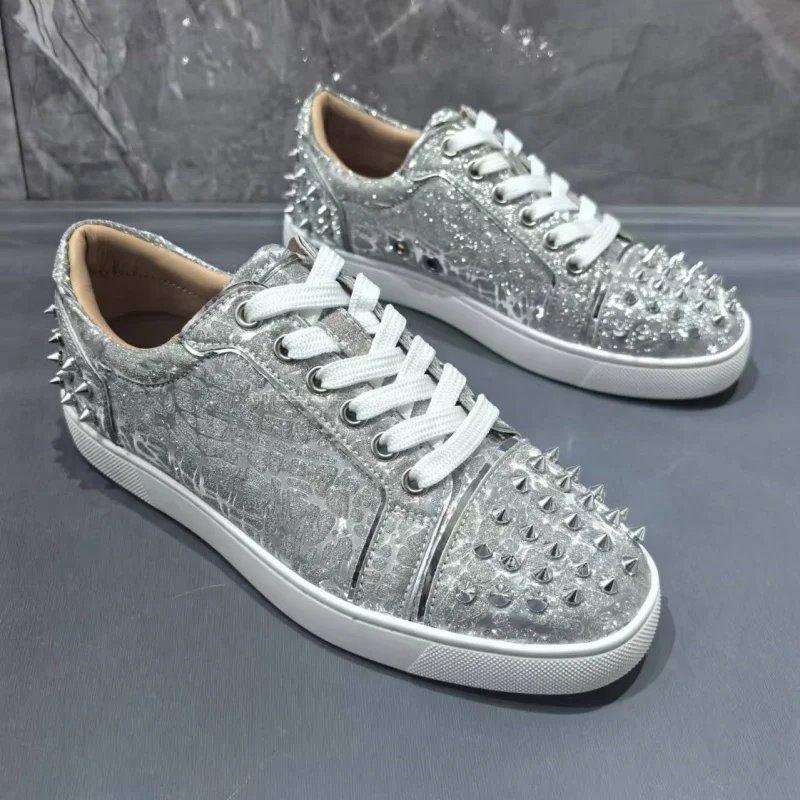 

Silver Rivets Casual Sports Shoes for Men and Women Size 35-47 Lace Up Sneakers Handmade High Quality Brand Design New Fashion