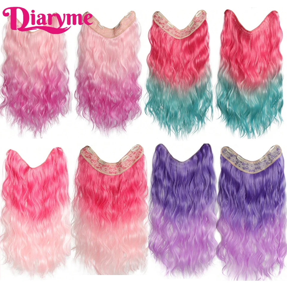 Rainbow Colorful Wig Hairpiece Long Wave Synthetic V-shaped Clip in Hair Extensions Curly Pink Ombre Thick Hairpieces For Women