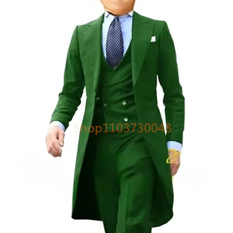 

Solid 3 Piece Wedding Men Long Tailcoat Formal Groom Tuxedos for Prom Party Male Suits Fashion Clothing Set Jacket Pants Vest