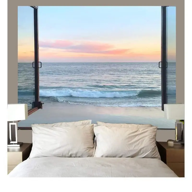 VIKAMA Simulation Natural Coastal Scenery Tapestry, Realistic Fake Window Wall Hanging, Aesthetic Bedroom Dorm Decor