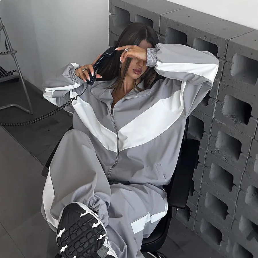 Women's Casual Matching Set Fashion Loose Colorblock Zip Up Hoodie Top and Pants Jumpsuit Playsuit