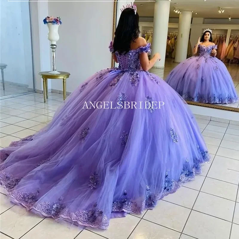 Luxury Lavender 3D Flower Quinceanera Dresses Beading Lace Princess Corset Ball Gowns Vestidos De 15 Anos Plus Size