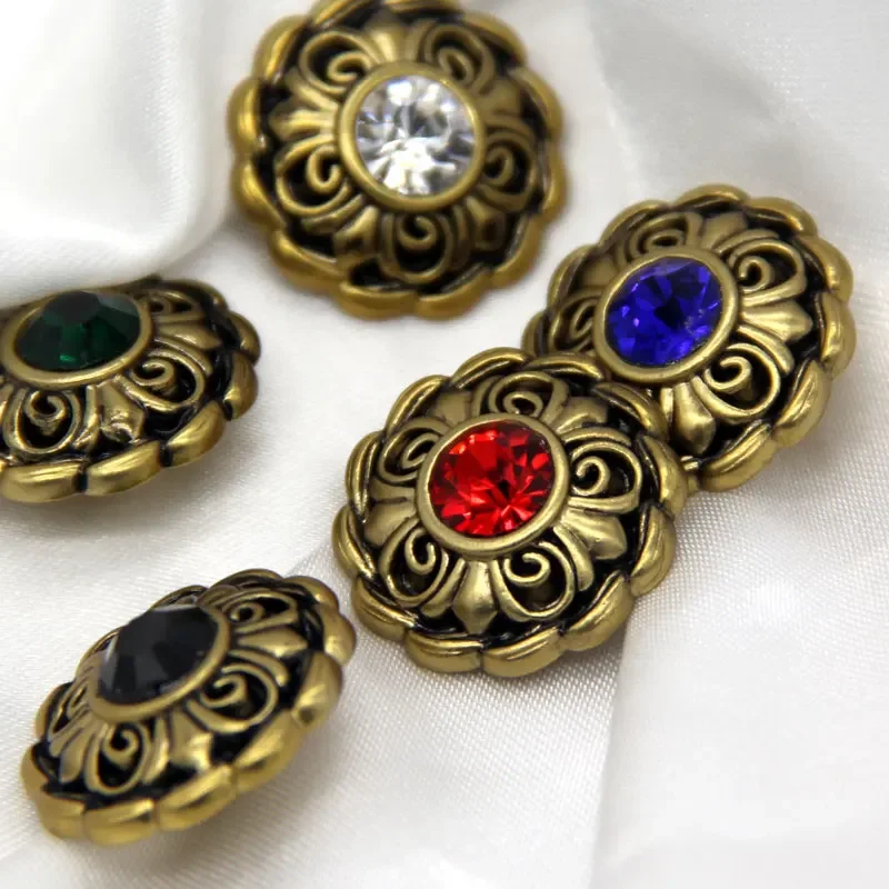 6pcs Antique Colorful Flower Bronze Rhinestones Buttons For Clothes Chic Suit Blazer Party Dress Handmade Decorations DIY Crafts