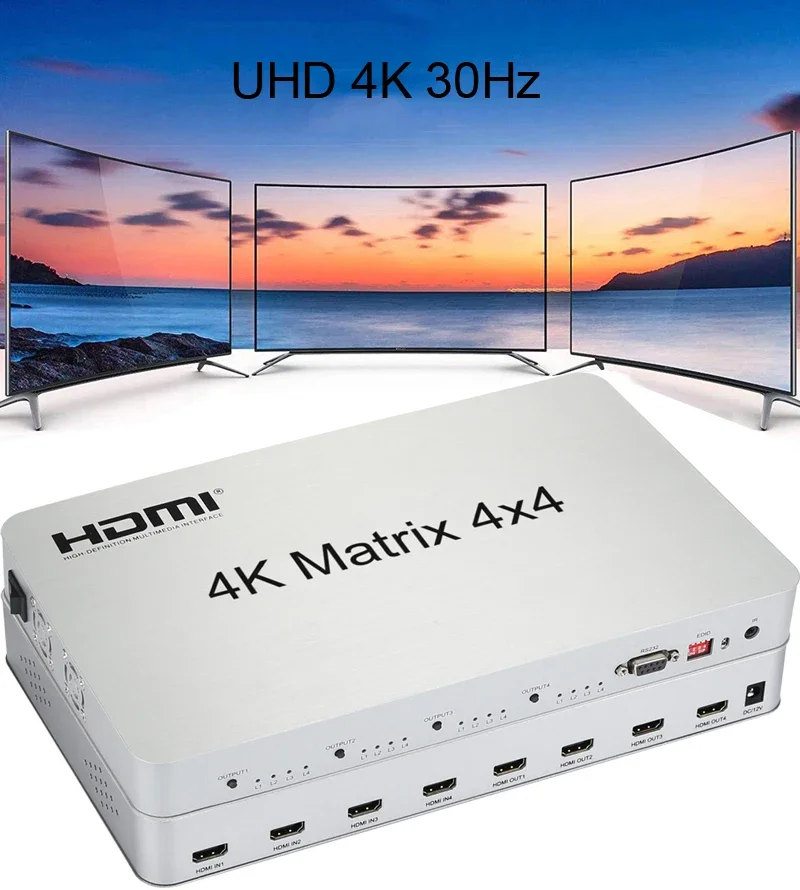 4K HDMI Matrix 4x4 Matrix 4 In 4 Out HDMI Switch Splitter Video Converter with RS232 EDID for PS4 Camera Laptop PC TV Projector