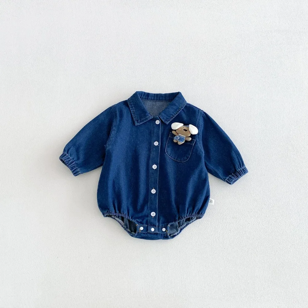 Fashion Newborn Baby Girl Romper 0-2Years Infant Boy Long Sleeve Turn Down Collar Denim Bodysuit Outfits Autumn Clothes