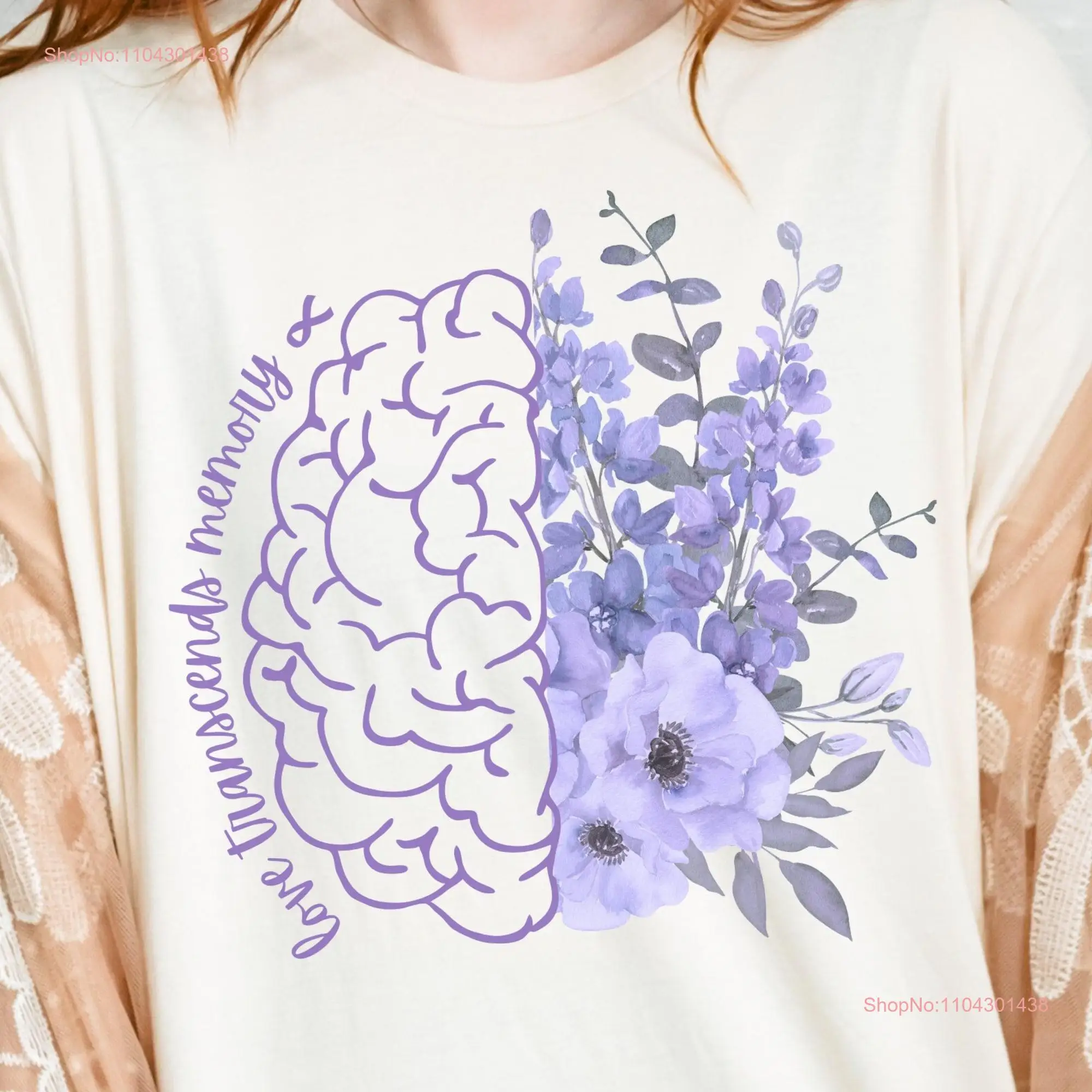 Alzheimers T Shirt Awareness Month Family Group SupporT Brain Purple Flowers Love Transcends Memory long or short sleeves