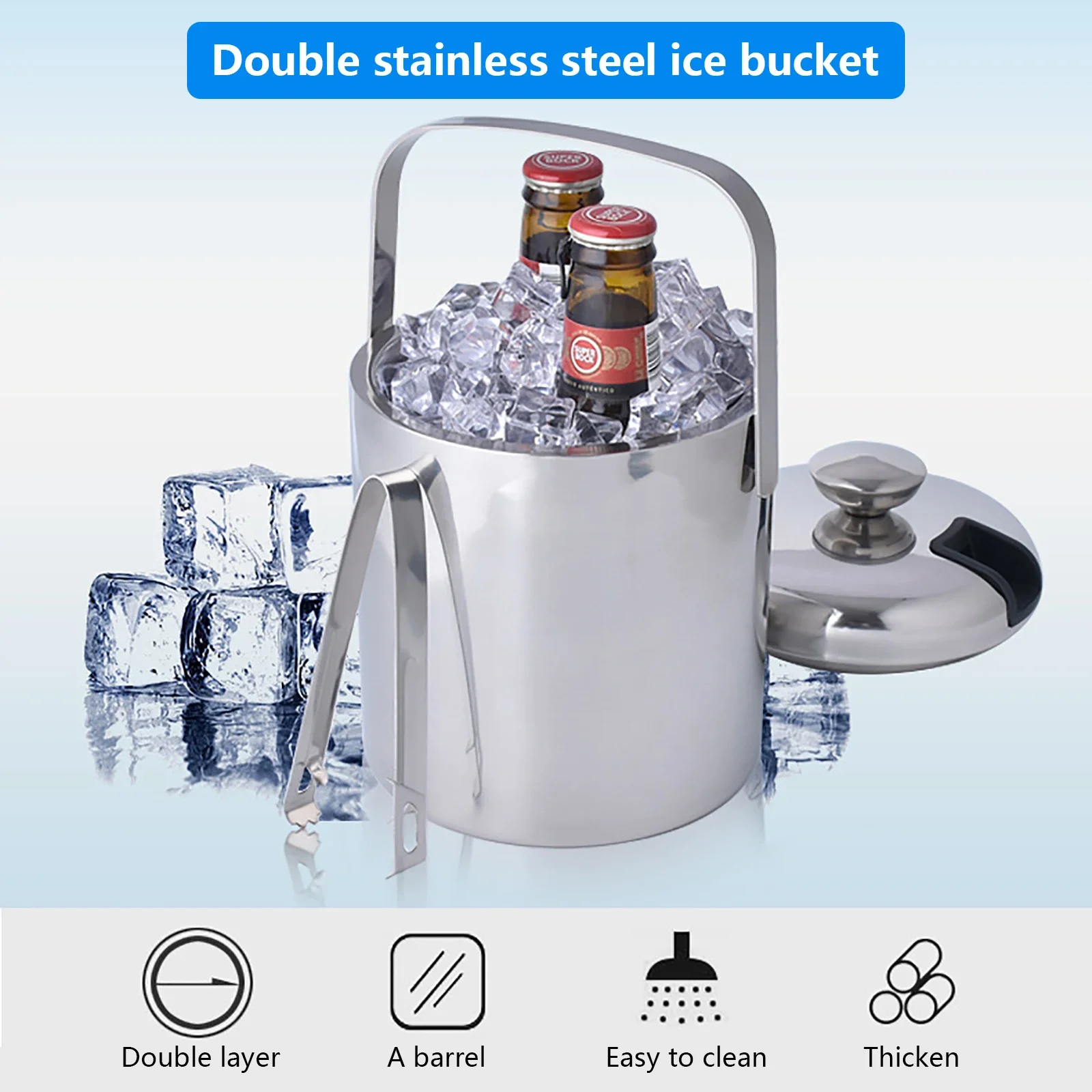 1.3L Double-layer Stainless Steel Beverage Ice Bucket w/ Ice Tongs & Lid Double-walled Insulation Suitable For Barbecues Picnic