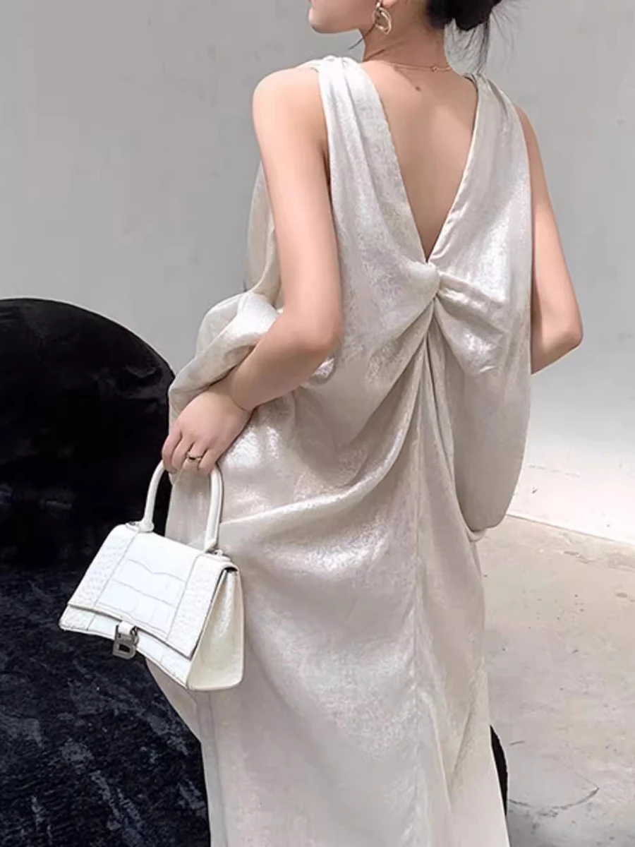 REDDACHiC Pearl Gloss Ruched Long Dress Women Casual Summer Solid Slit Loose Sleeveless V-neck Tank Dress Pretty Elegant Clothes