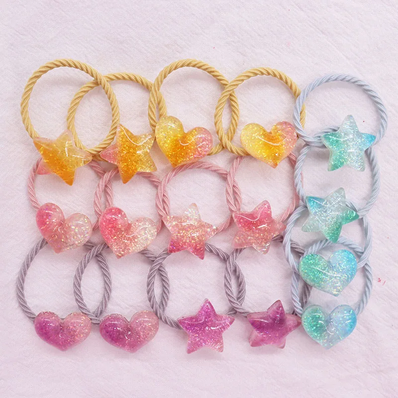 2Pcs/Set Gradient Color Star Love Shape Resin Hair Ties Children\'s Rubber Bands Baby Hair Accessories Kid Headband Scrunchies