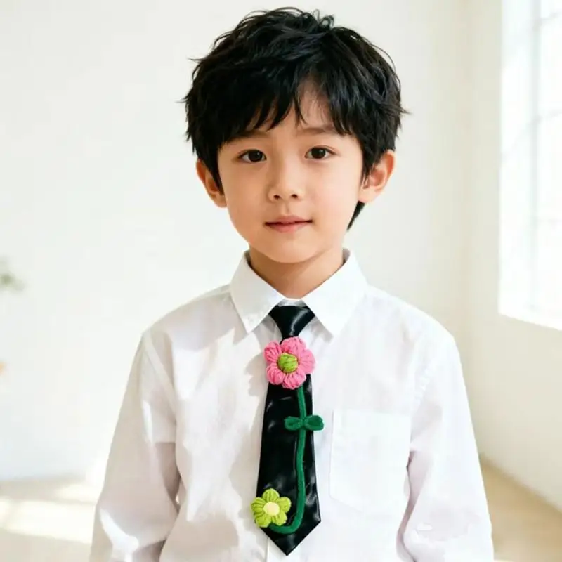 Kids Party Flower Necktie, Black Pointed Pull-On Tie for Photo Outfits 6XDA