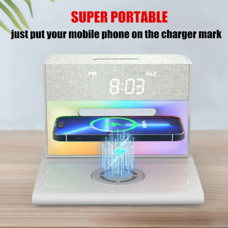 

Wireless Charging Station With Wireless Speaker Alarm Clock LED Color Table Lamp F Card Audio Creative Portable Mini Speaker