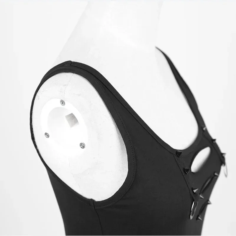 PUNK RAVE Punk Rock Broken-hole Black Iron Loops Sexy Knitted Vest Women Summer Casual Cotton Tee Shirt Hollow Out Tank Tops