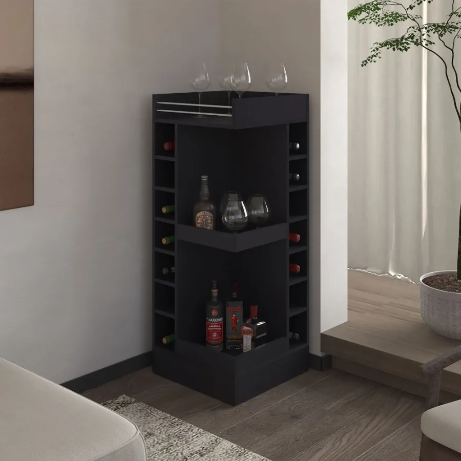 

FM FURNITURE Lamer Corner Bar Cabinet with Wine Rack and Open Shelf Black