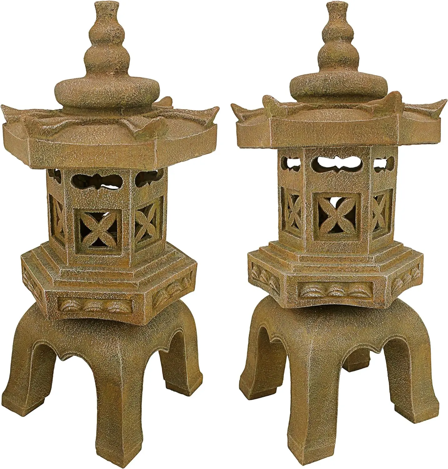 SS98577 Sacred Pagoda Lantern Illuminated Asian Garden Statues: Set of Two Faux Stone Finish