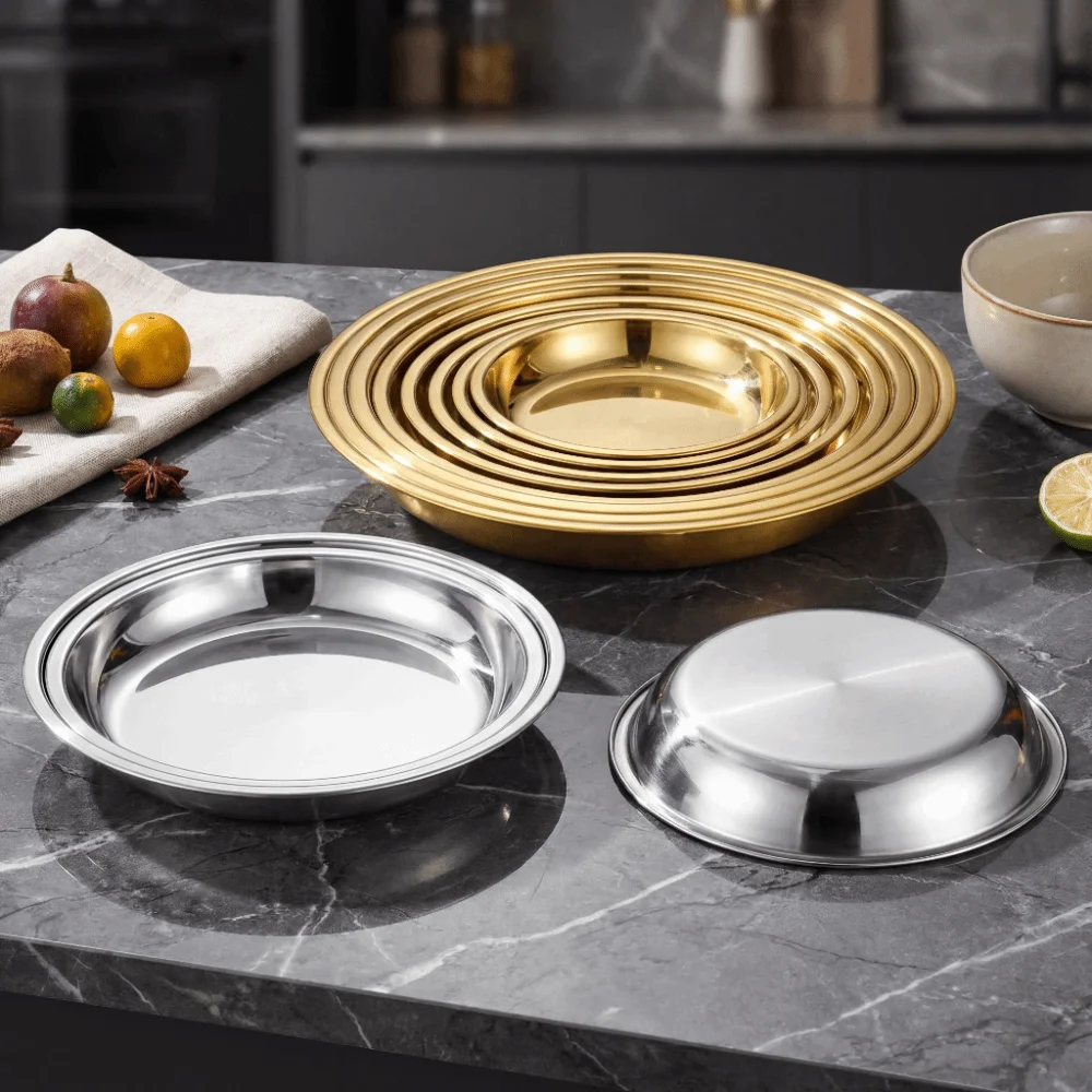 Stainless Steel Round Plate Shallow Tray Easy Clean Rustproof Outdoor Camping Tray Flat Picnic Snack Plate Dessert Serving