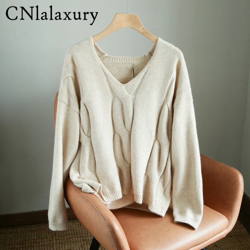 CNlalaxury2022 Elegant Solid Knitting Pullovers Wool Sweater Women Casual Loose V-neck Oversized Sweater Female All-match Jumper