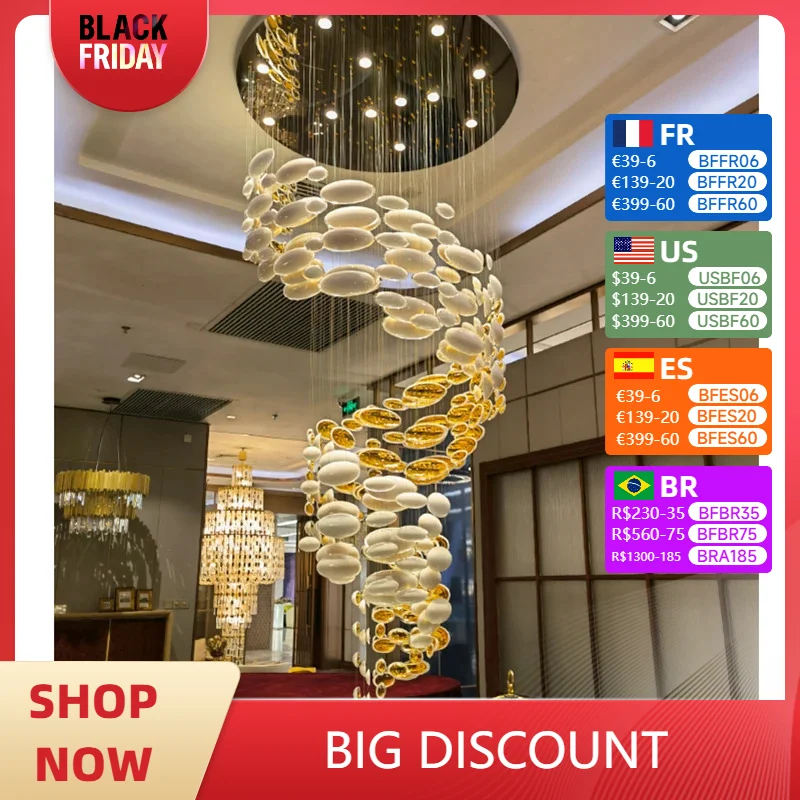 Luxury Crystal Chandeliers Gold Hotel Villas Spiral Staircase Aerial Decorative Lighting Can Be Customized