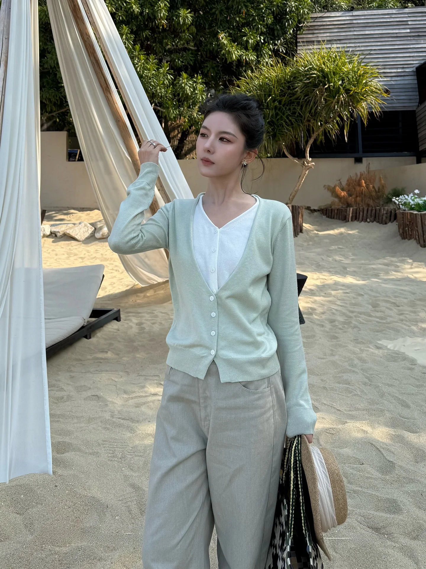 

Однотонный вязаный кардиган с V-образным вырезом, утягивающий талию, из смесовой шерсти, с длинными рукавами, для женщин, весенняя мода