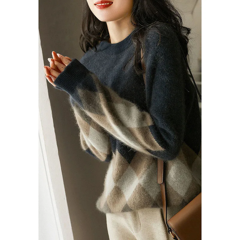 Stylish O-Neck ถัก Spliced หลวมตาข่ายเสื้อกันหนาวผู้หญิงเสื้อผ้า2022ฤดูใบไม้ร่วงฤดูใบไม้ร่วงใหม่ Casual ยาวแขนเสื้ออบอุ่น