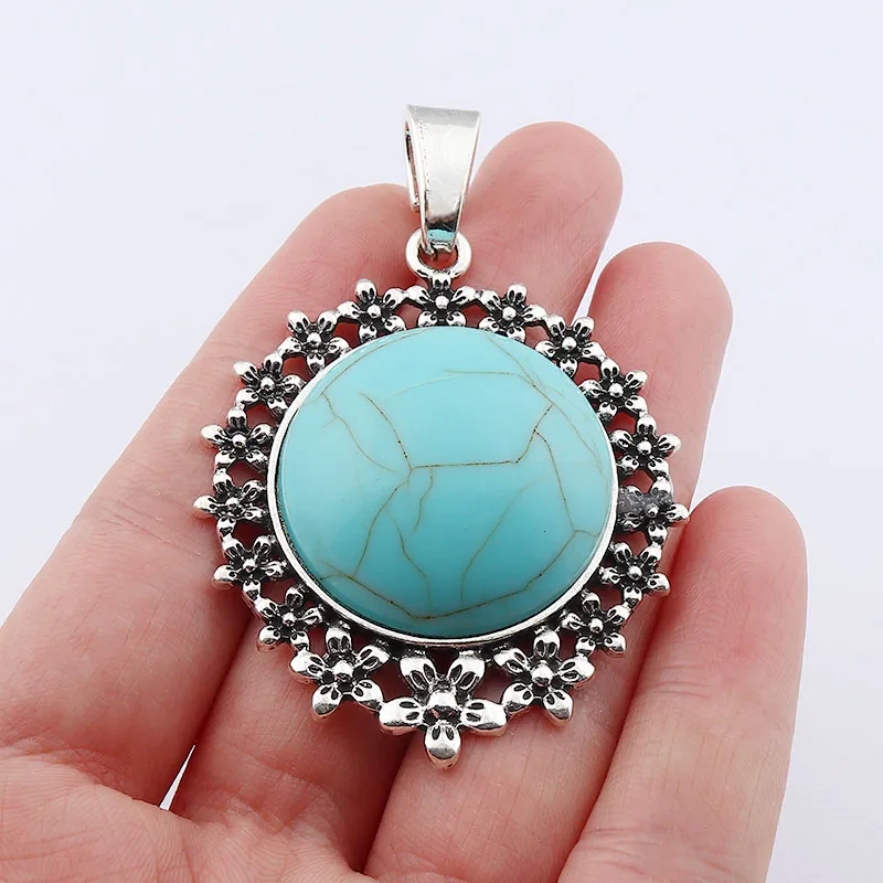 

1 x Large Imitation Turquoises Stone Boho Tibetan Silver With Flower Pattern Charms Pendants For Necklace Making Accessories