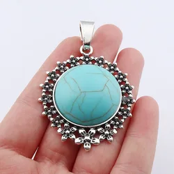 1 x Large Imitation Turquoises Stone Boho Tibetan Silver With Flower Pattern Charms Pendants For Necklace Making Accessories