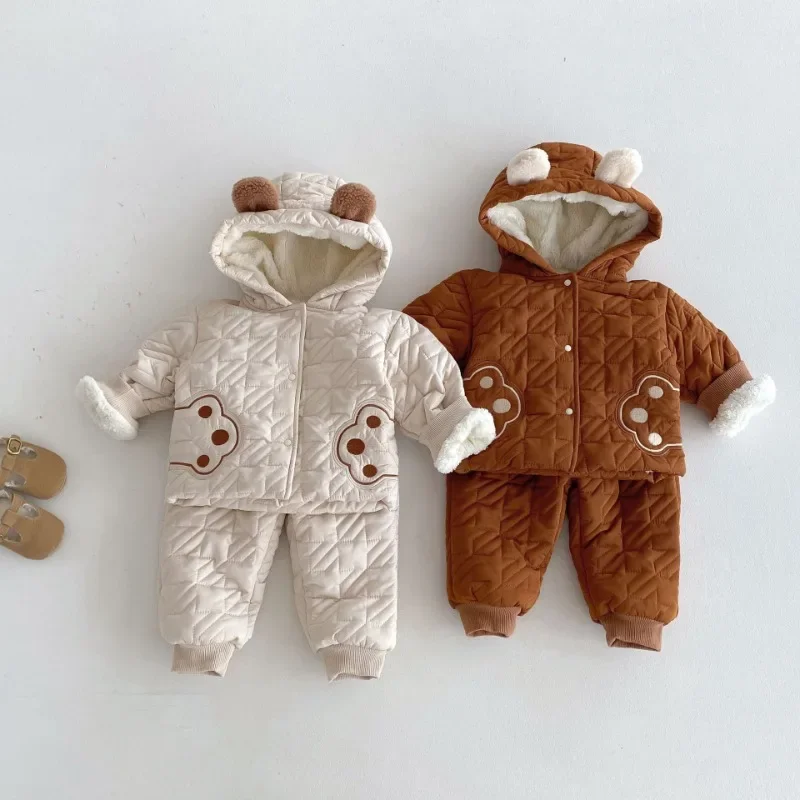 

HoneyCherry Winter Boys and Girls Baby Cotton Set Infant Bear Hooded Padded Thickened Cotton Coat Cotton Trousers Two-piece Set