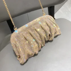 Pochette da sera fatte a mano con strass con manico lucido nuove pieghe borse e borsette festa di nozze di design di lusso di alta qualità