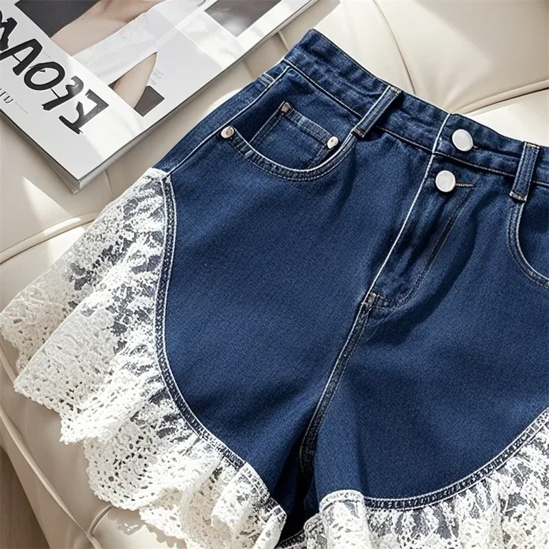 Zomer Hoge Taille Jeans Korte Dubbele Zakken Kant Patchwork Denim Broek Vrouwen Losse Wijde Pijpen Cowboy Shorts Nieuwe 304A