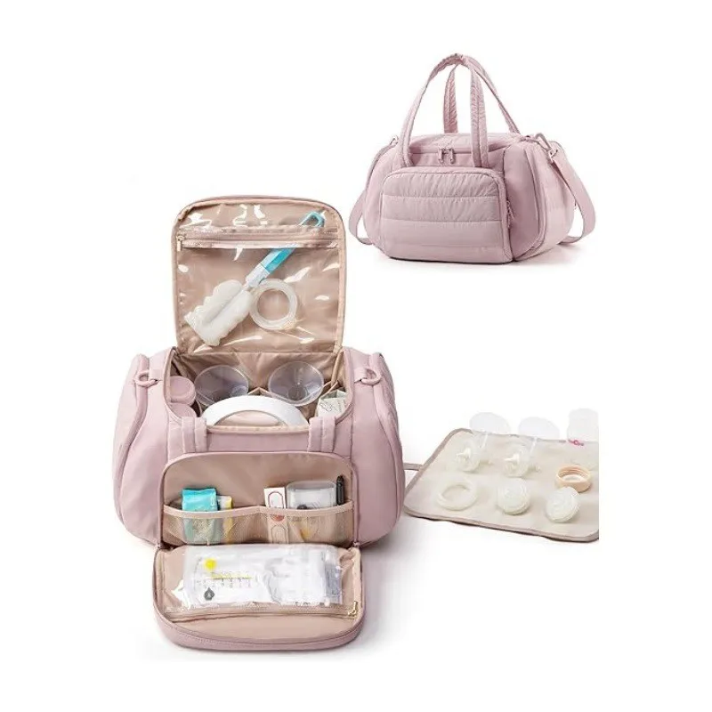 Portable Breast Pump Bag Working Moms Multi-Pocket Breast Pump Storage Tote Handbag Detachable Shoulder Strap Travel Carry Bag