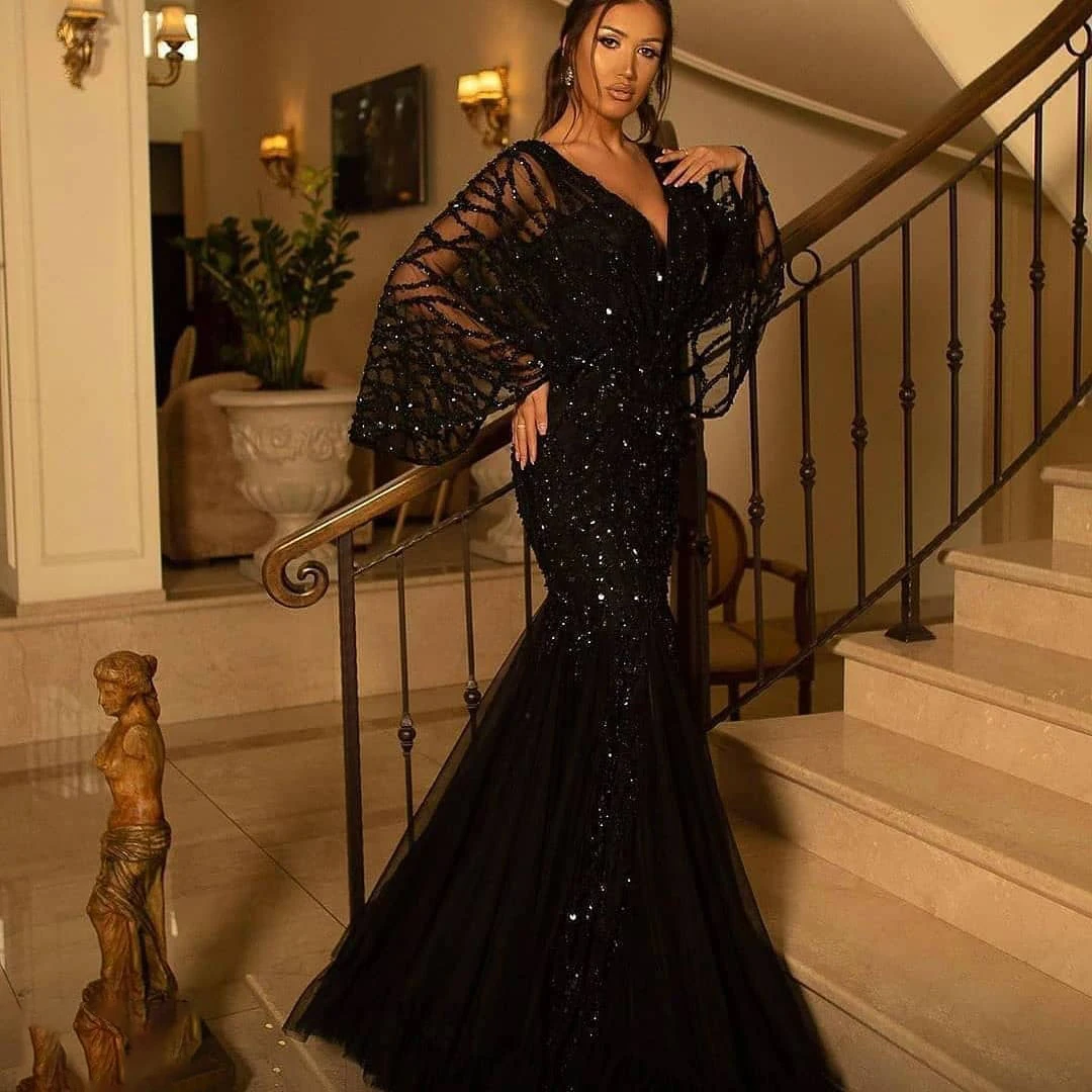 Modest Black Mother of the Bride Dresses Sequined V Neck Mermaid Formal Dress Elegant Long Sleeves Evening Gowns Custom Made