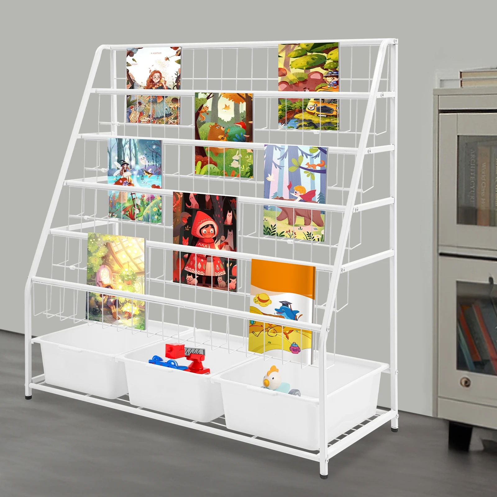 

36.5*89*92.5cm White Bookshelves with Storage Boxes, 5-tier Book Display Rack, Kids Bookcase with 3 Storage Bins
