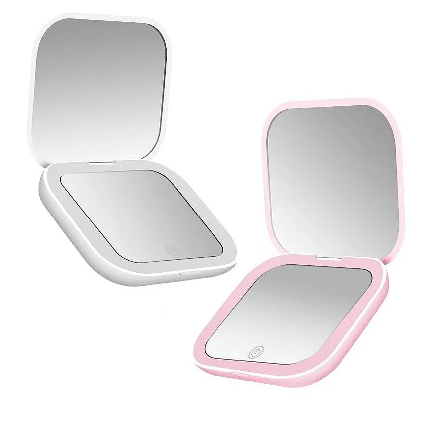 LED 컴팩트 미러 조명 여행용 거울 1X/2X 확대 양면 미니 휴대용 핸드백용 USB C 충전 소녀용