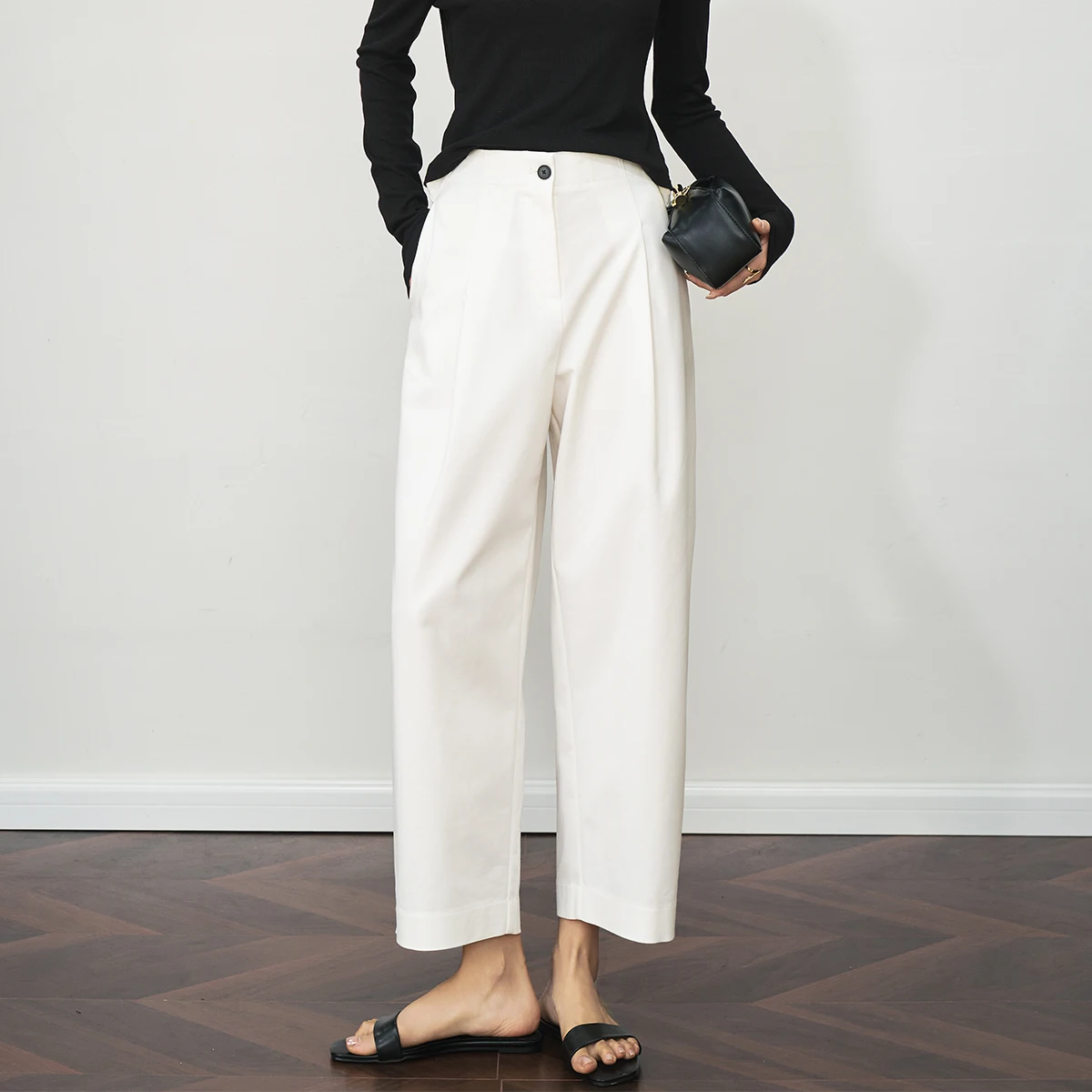 OLrain Summer 2025 Women's Black Pants Straight Nine-point Legs Buttons Office Wear Woman Slacks Button Woman Clothes O57XK99160