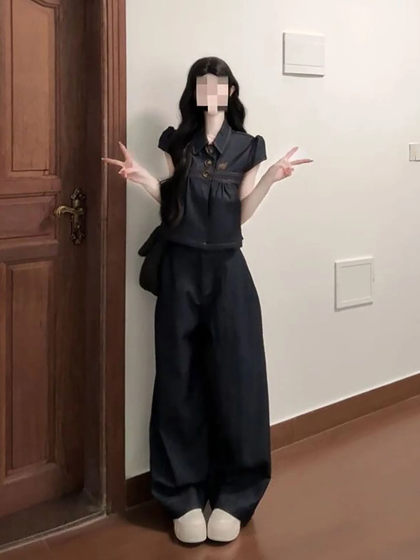 

Summer Sweet Cool Girl Feel Simple Denim Top High Waist Wide Leg Pants Commuting Date Two Piece Set Women's Fashion Ensemble