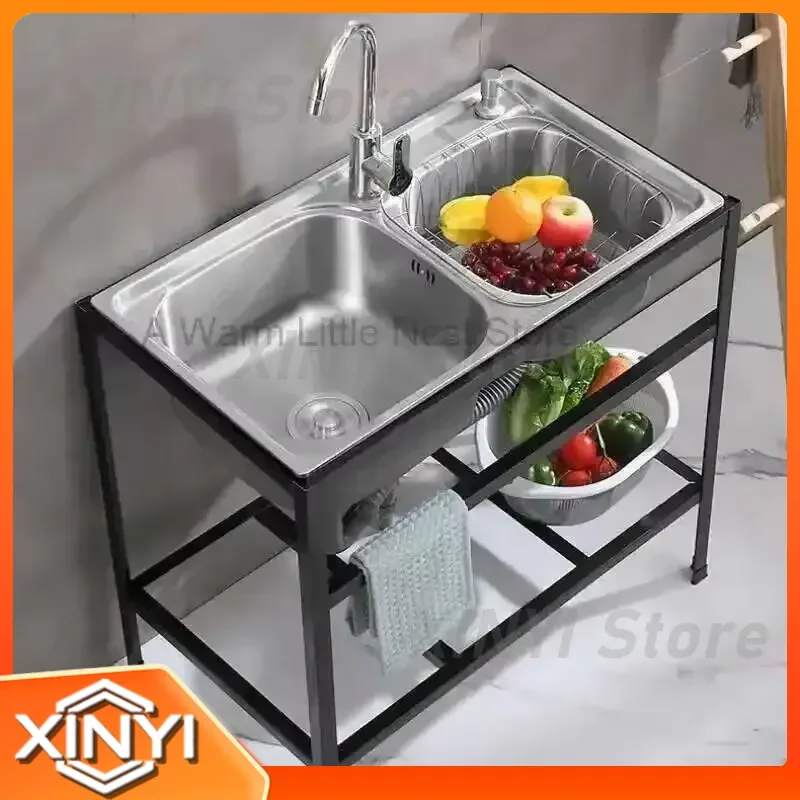 Thickened Single Dishwashing Sink for Home Floor-Standing Kitchen Use with Bracket Stainless Steel Double Slot Basin and