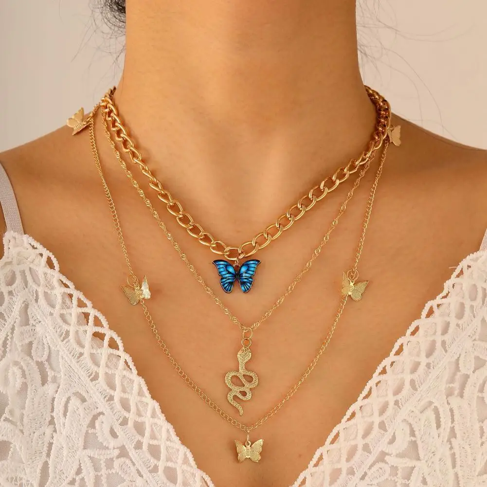 Women Necklace Stacking Three-layered Hollow Chain Butterfly Snake Pendant Adjustable Golden Color Daily Wear Neck Jewelry