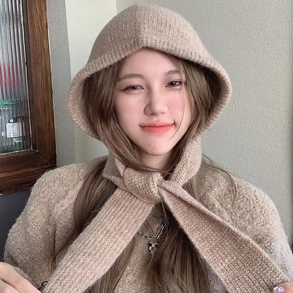 

Coldproof Knitted Balaclava Hat Windproof Thicken Warm Korean Ins Hood Scarf Strap Bow Retro Beanies Autumn and Winter